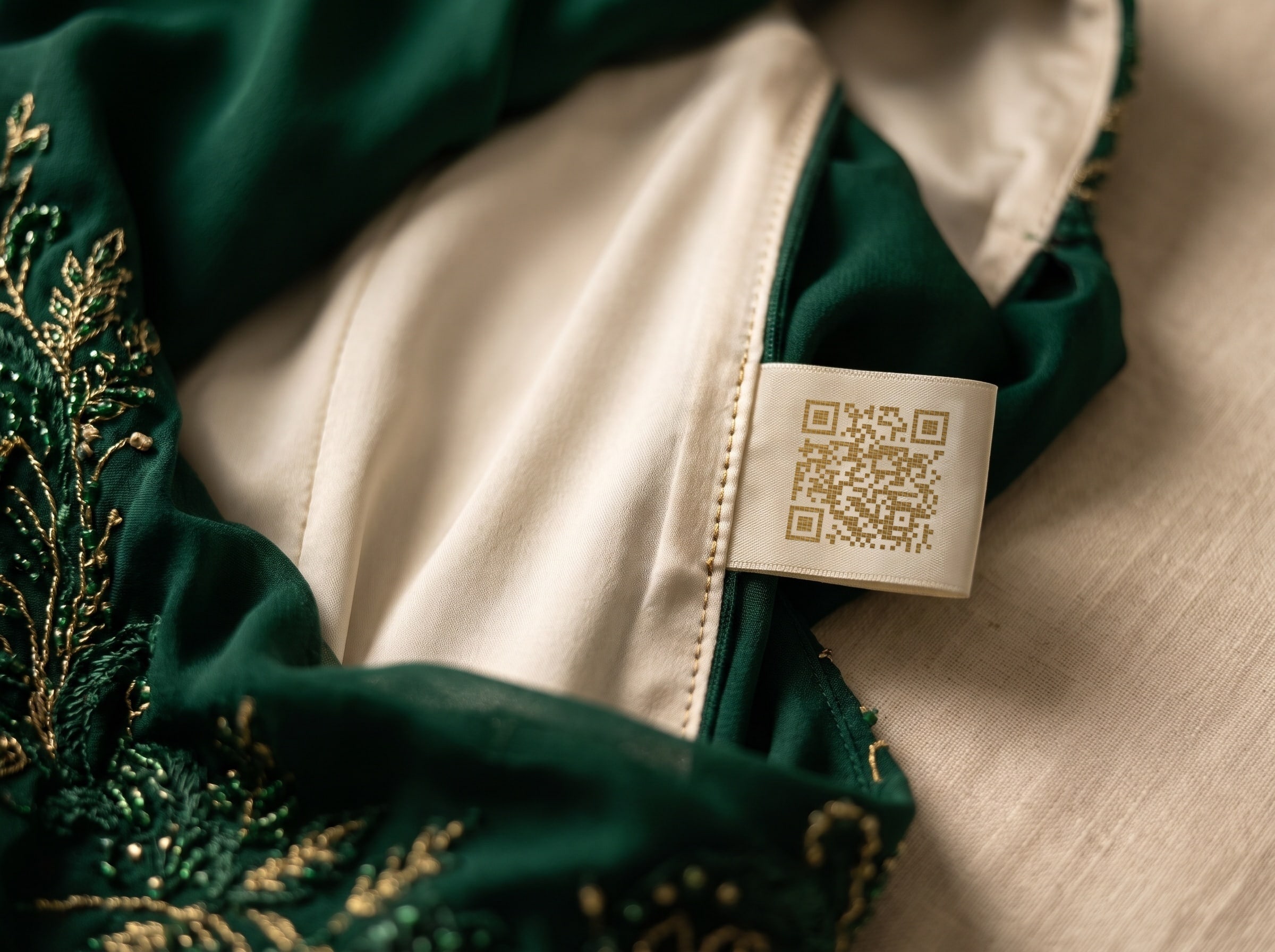 L’interno di un abito da sera smeraldo: cucita lungo la cucitura interna del corpetto, un’etichetta di raso avorio con un codice QR tessuto in filo d’oro
