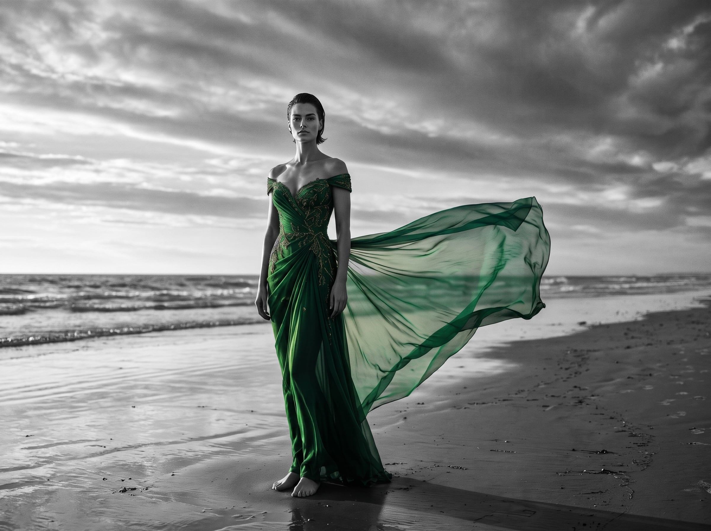 In bianco e nero, su una spiaggia al tramonto, una modella in abito smeraldo resta immobile mentre il vento solleva lo strascico di chiffon verde, unico colore della scena